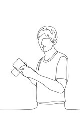 man stands and holds the camera and looks at the viewer. One continuous line art black outline drawing. Vector illustration of a photographer, blogger, journalist, private detective