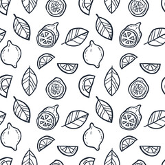 Seamless decor pattern of lemons and leaves. Image for a poster or cover, package design Repeating texture. Figure for textiles.