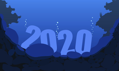 Sinking year 2020 underwater, wracked year between rocks under deep water