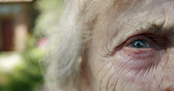 an old woman with a multitude of winces looks towards the camera anxiously in her eyes