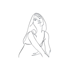 Hand drawing woman portrait drawn in one continuous line style. Linear woman. 