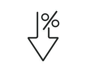 Percent down icon.  Percent decrease icon. 