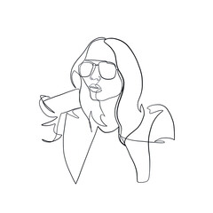 Stylish one continuous line woman in sunglasses. Fashionable typography girl in minimalist style. Beauty sign. Attractive fashion model. Summer fashion.