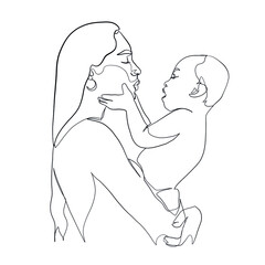 Minimal line hand drawn vector woman mother holding newborn baby in arms. Mom hugs her baby. Mother's Day. Linear sketch for maternity hospital, obstetrics, products for pregnant and newborns.