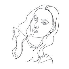 Hand drawing woman portrait drawn in one continuous line style. Linear woman. 