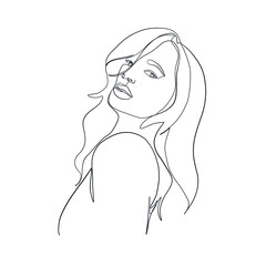 Hand drawing woman portrait drawn in one continuous line style. Linear woman. 