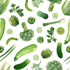 Seamless pattern with green vegetables is isolated on a white square background. Hand drawn raster collection of green vegetables: zucchini, broccoli, onion, parsley, tomato, bell pepper