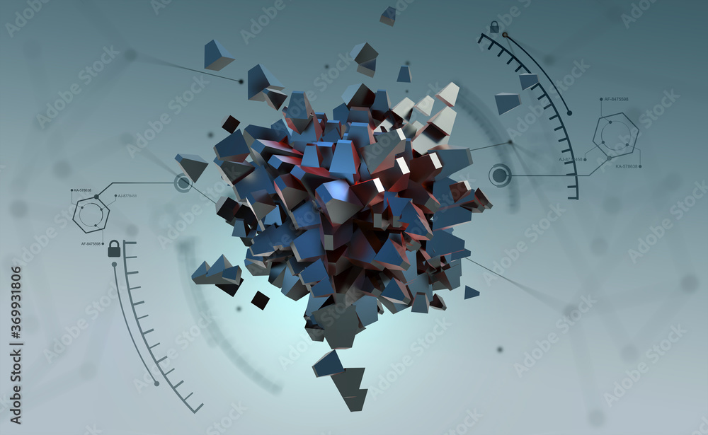 Fototapete Big data processing. Future processor. Quantum CPU in nanotech computer network. 3d illustration of digital cyberspace with HUD element