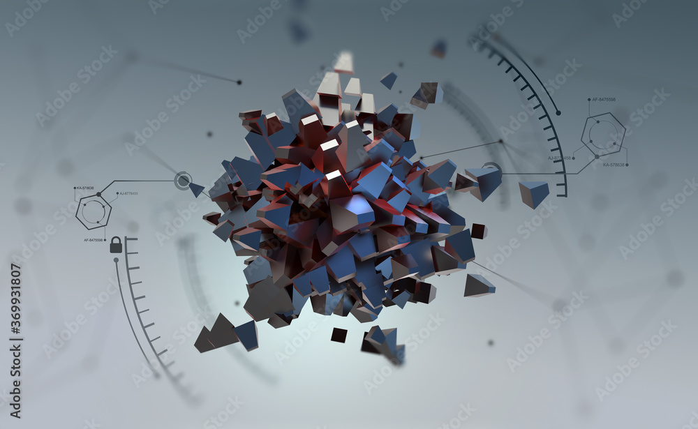 Aufkleber Big data processing. Future processor. Quantum CPU in nanotech computer network. 3d illustration of digital cyberspace with HUD element