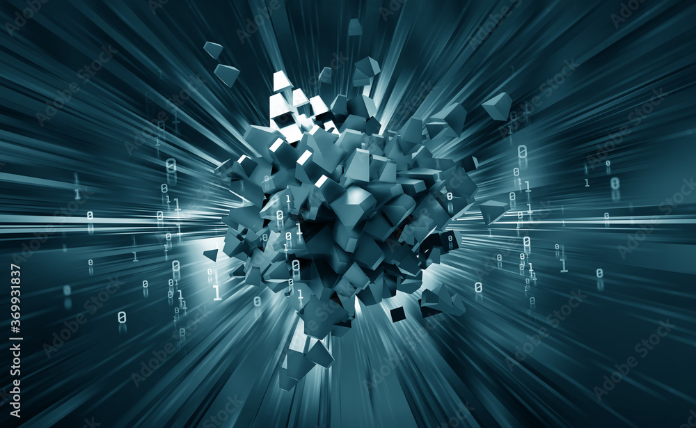 Poster Big data in digital cyberspace. High-speed communication and high technologies. 3D illustration of an abstract processor in information flow