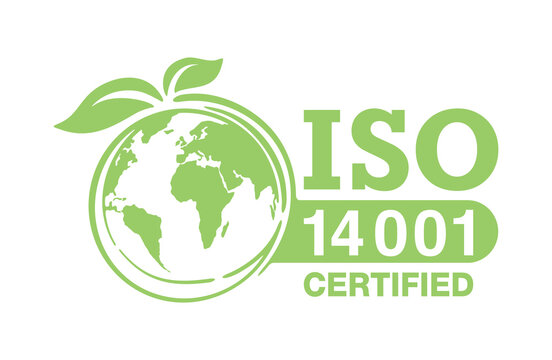 ISO 14001 certified sign - environmental management system international standard approved stamp  - green isolated vector icon