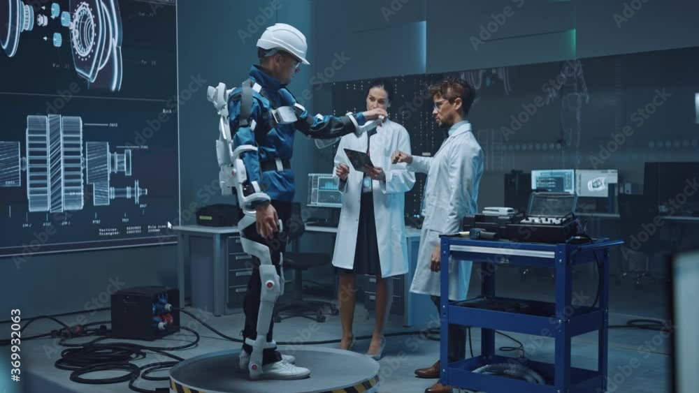 Aufkleber In Robotics Development Laboratory: Engineers and Scientists Work on a Bionics Exoskeleton Prototype with Person Testing it. Designing Wearable Exosuit to Help Disabled People, Warehouse Workers
