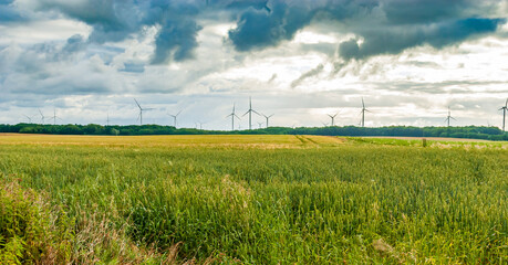 green field and wind turbines