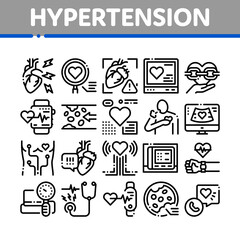 Hypertension Disease Collection Icons Set Vector. Hypertension Ill And Treatment, Heart Research And Examination, Fitness Bracelet And Watch Concept Linear Pictograms. Monochrome Contour Illustrations