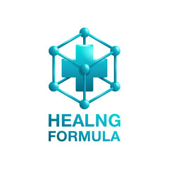 Healing formula icon - 3D emblem with molecular cell structure and medical cross - isolated vector element