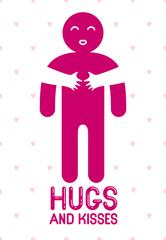 Hugs and kisses with loving hands of loved person and kissing lips, lover woman hugging his man and shares love, vector icon logo or illustration in simplistic symbolic style.