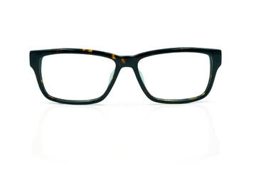Front view of Men's eyeglasses. Brown and Black of frame plastic tortoise shell isolated on white...
