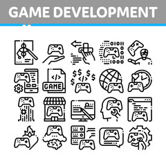 Video Game Development Collection Icons Set Vector. Game Development, Coding And Design, Developing Phone App And Web Site Concept Linear Pictograms. Monochrome Contour Illustrations