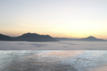 Fototapeta na wymiar shelf floor with light mist in morning sunrise on the mountain for the background.