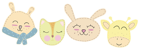 Obraz premium cute kawaii animal faces - bear, fox, hare, giraffe with closed eyes, children toy, set of vector elements with decorative stitching