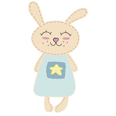 cute kawaii beige bunny with long ears and ruddy cheeks in a blue dress with a star, kids toy, vector element with decorative stitching seam