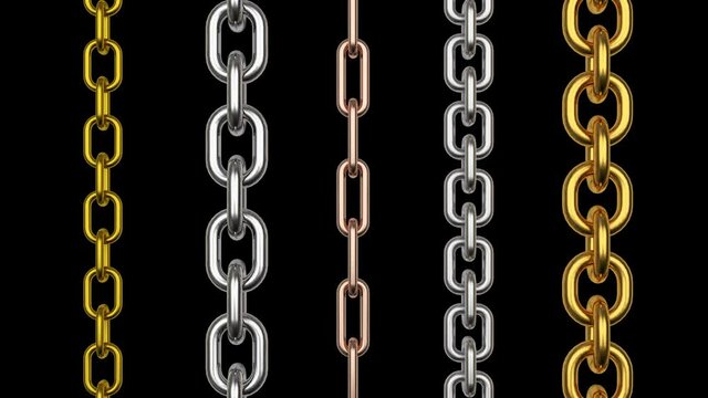 3D animation of rotation of rows of chains made of various metals isolation on a black background. Alpha channel. 4K resolution.
