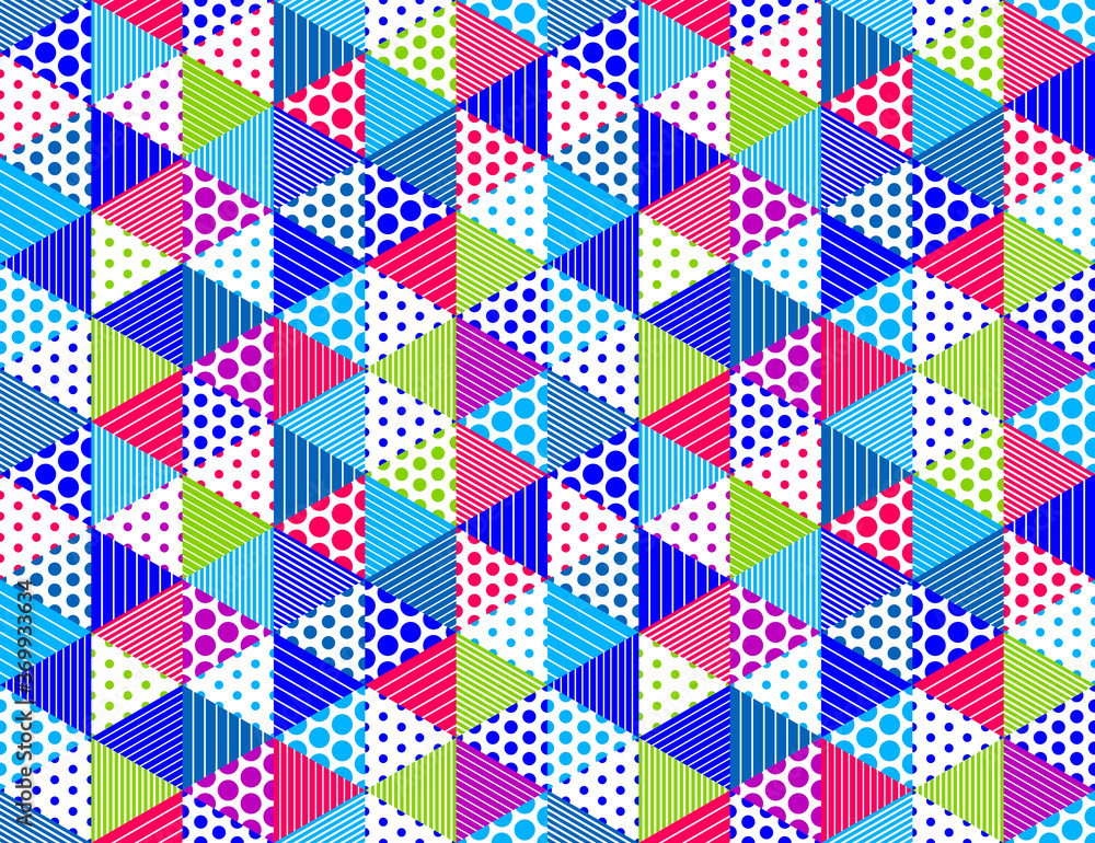 Poster seamless isometric rhombus and triangles and dots geometric pattern, 3d cubes vector tiling backgrou