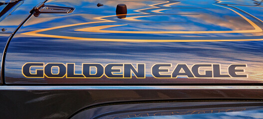 Golden eagle as lettering on a black car.