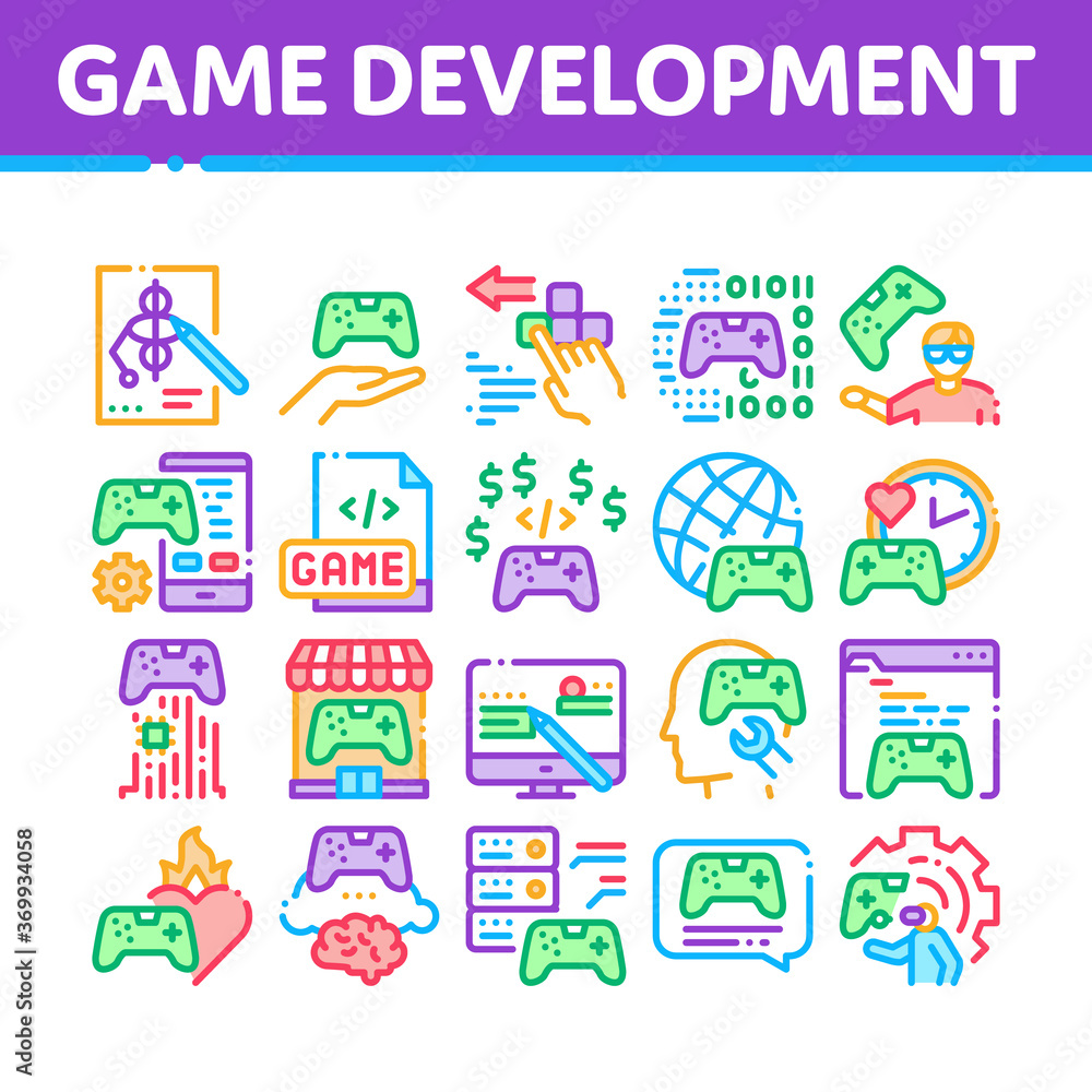Aufkleber video game development collection icons set vector. game development, coding and design, developing 