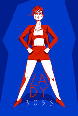Big boss director woman stands confident serious and angry vector illustration, bad boss despot and tyrant concept, female manager in control of work process.