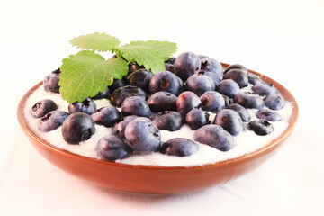 Closeup of blueberries in white yogurt