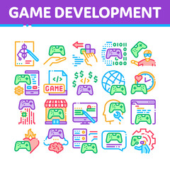 Fototapeta na wymiar Video Game Development Collection Icons Set Vector. Game Development, Coding And Design, Developing Phone App And Web Site Concept Linear Pictograms. Color Contour Illustrations