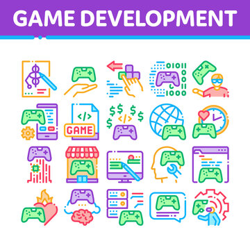 Video Game Development Collection Icons Set Vector. Game Development, Coding And Design, Developing Phone App And Web Site Concept Linear Pictograms. Color Contour Illustrations