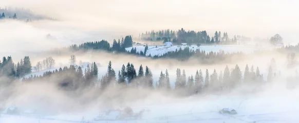 Poster Winterlandschap met mist op bergheuvels panoramisch uitzicht, banner © Modella