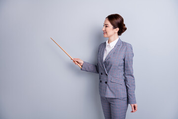 Profile photo of attractive lady good mood teacher occupation online internet lesson showing empty...