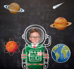 Childhood. Nerd kid boy dreams about future. School boy astronaut in space suit with pictures of...