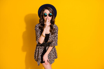 Hush its secret, Stunning girl hear taboo information ask dont share put index finger lips wear...