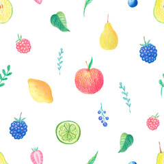 Colorful watercolor fruits seamless pattern on white background. Summer fresh pear, apple, blueberry, leaves, lemon background. Perfect for textile, fabric, covers. Hand painted fruits. 