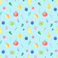 Colorful watercolor fruits seamless pattern on blue background. Summer fresh pear, apple, blueberry, leaves, lemon background. Perfect for textile, fabric, covers. Hand painted fruits. 