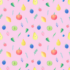 Colorful watercolor fruits seamless pattern on a pink background. Summer fresh pear, apple, blueberry, leaves, lemon background. Perfect for textile, fabric, covers. Hand painted fruits. 