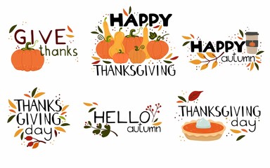 Happy thanksgiving day lettering collection. Harvest pumpkin with text, handwritten phrases with seasonal design elements isolated flat vector doodle set for postcard poster and labels