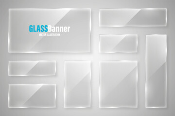 Glass frames collection. Realistic glossy transparent glass banner with glare. Vector design element.