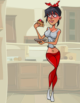 Naklejki cartoon slender woman holding a piece of cake in her hand