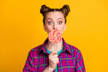 Close-up portrait of her she nice attractive funky girl wearing checked shirt holding in hand...