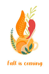 Autumn mood hand drawn card. Fall is coming. Teapot with fragrant herbal autumn tea.