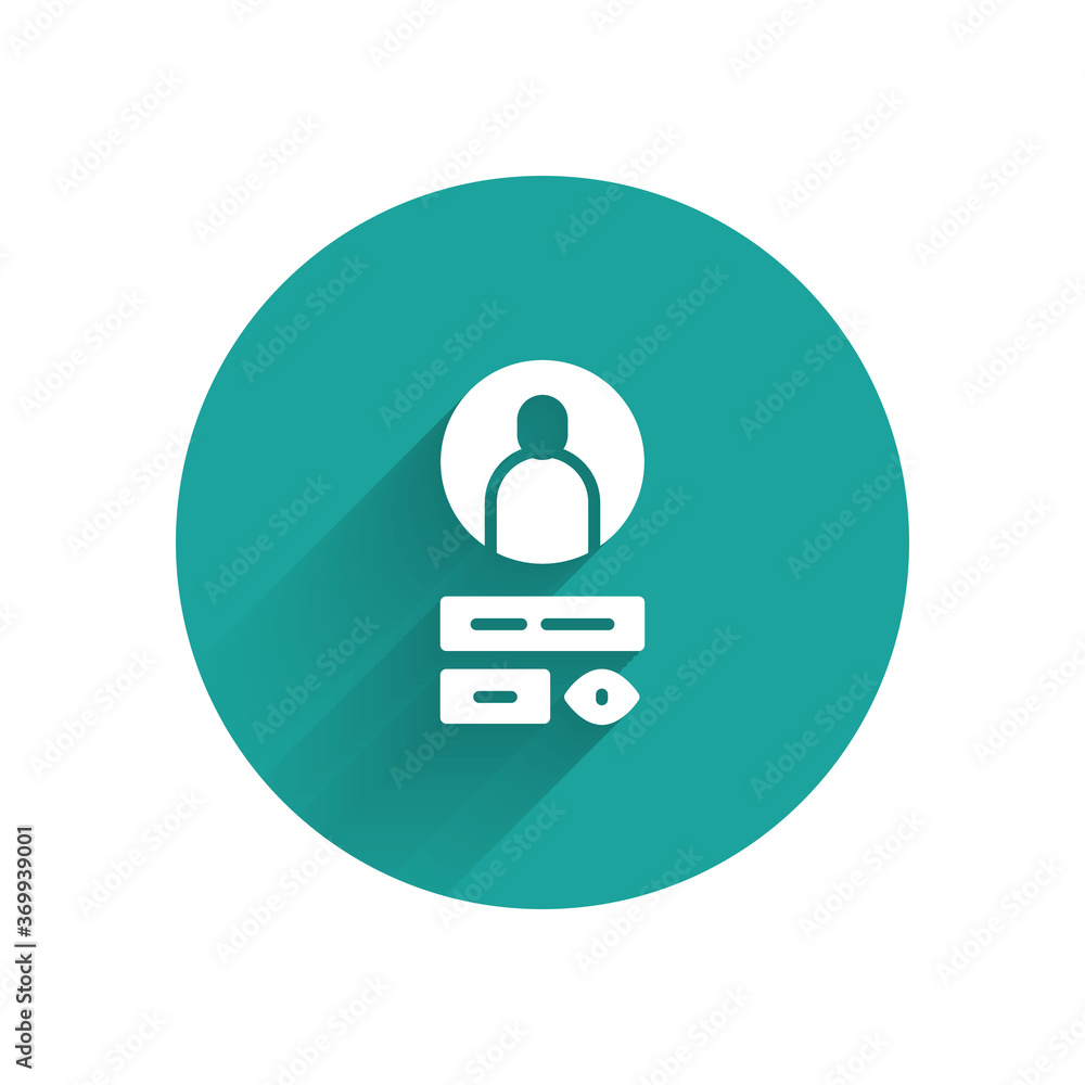 Poster white create account screen icon isolated with long shadow. green circle button. vector illustration