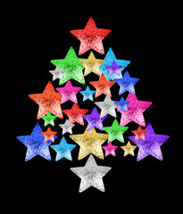 Colorful stars in shape of Christmas tree black background isolated close up, decorative New Year fir made of shiny stars, starry pine ornament, bright xmas holiday decoration, design element, pattern