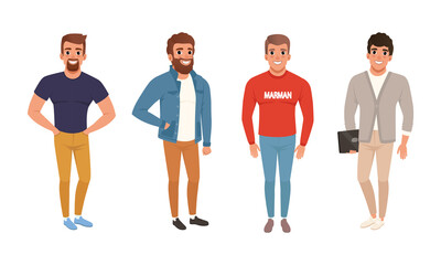 Obraz premium Young Men Dressed in Casual Fashionable Clothes Set, Bundle of Street Style Outfits, Guys Wearing Trendy Apparel Cartoon Style Vector Illustration