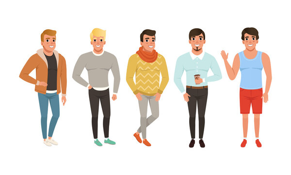 Collection of Men Dressed in Casual Clothes, Bundle of Street Style Outfits, Guys Wearing Trendy Apparel Cartoon Style Vector Illustration