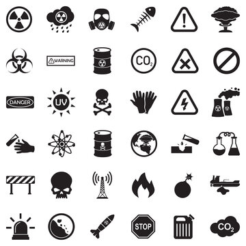 Biohazard And Danger Icons. Black Flat Design. Vector Illustration.